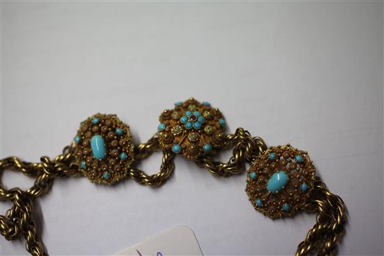 A Victorian twin strand gold, turquoise and ruby choker necklace, 14in.